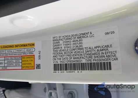 2025 Honda Accord Hybrid Touring from USA, damaged, VIN 1HGCY2F80SA058221